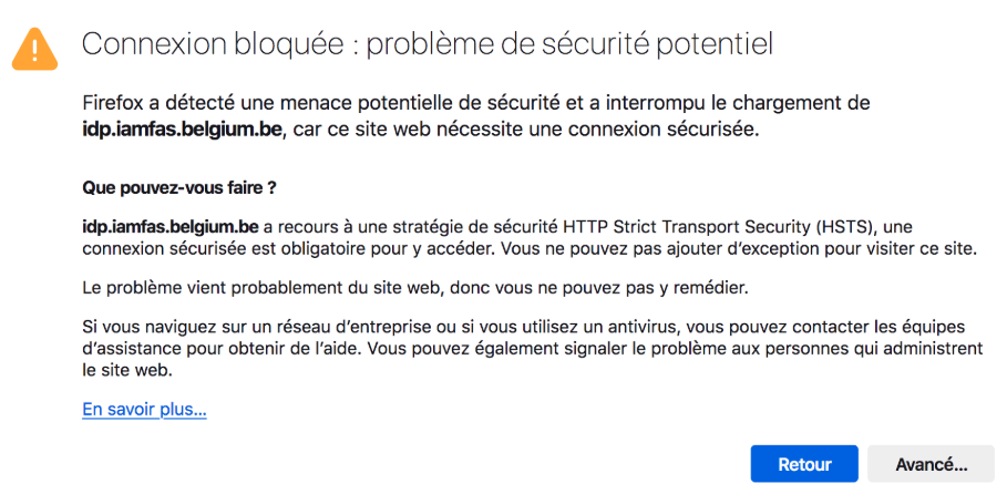 Capture d'écran du message d'erreur